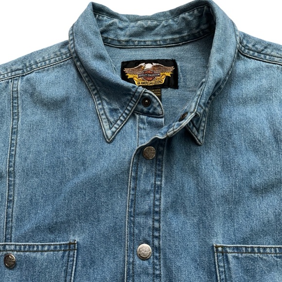 Harley Davidson Denim Trucker Vest Mens Size 2XL Metal Snap Buttons Blue Vintage - Picture 3 of 4